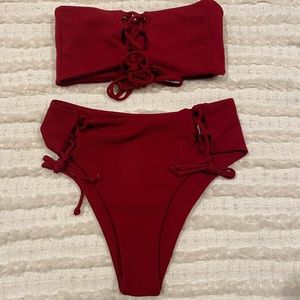 Zaful Deep Red Reversible Bandeau Bikini Set
